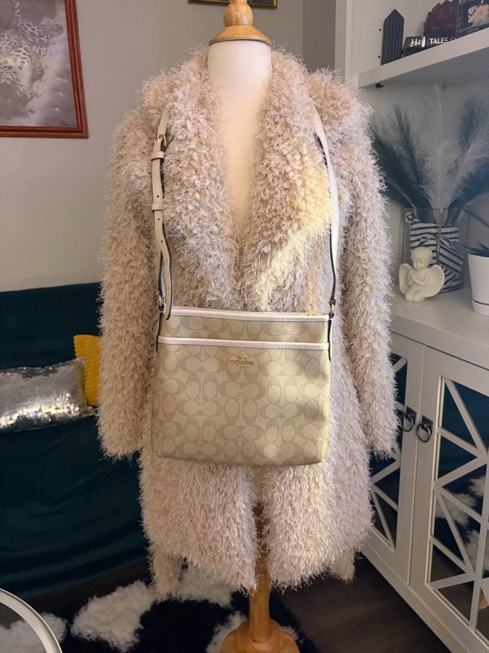Coach Beige Signature Crossbody Bag with Chalk Trim
